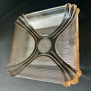 Vintage Pink Depression Glass Square Ribbed Serving Dish Scalloped Tray-HD014
